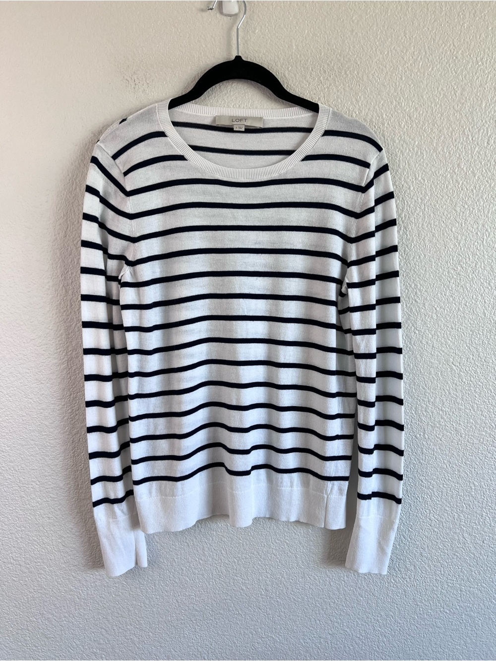 LOFT Women's Lightweight Striped Long Sleeve Crewneck Sweater Navy White